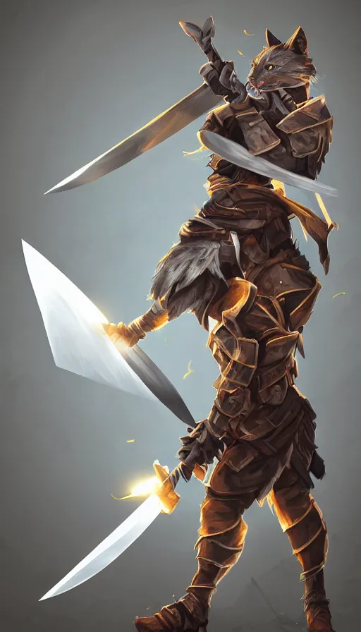 Image similar to character concept portrait, a warrior cat holding a long metal blade in a combat stance, bright glowing. digital painting, concept art, smooth, sharp focus, illustration, 8 k resolution, trending on art station, cinema 4 d, behance hd