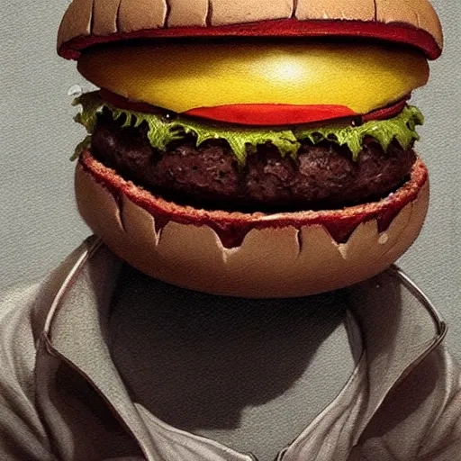 Prompt: a monster with a hamburger as a head, burger with eyes, burger with teeth, character concept art, fantasy drawing, illustration, highly detailed, hyperrealistic, cgsociety, artstation, oil painting by greg rutkowski