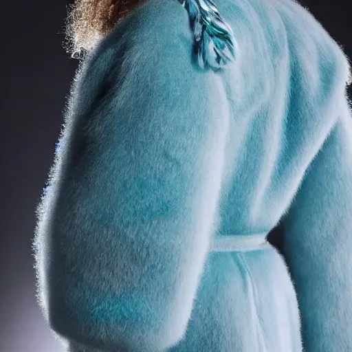 Prompt: an award - winning editorial photo of a cropped baggy medieval jacket made of very fluffy teal faux fur : : with a reflective iridescent leather oversized collar, dramatic lighting, designed by alexander mcqueen