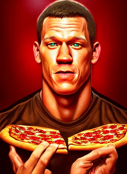 Prompt: portrait of john cena eating pizza, intricate, elegant, glowing lights, highly detailed, digital painting, artstation, concept art, smooth, sharp focus, illustration, art by wlop, mars ravelo and greg rutkowski