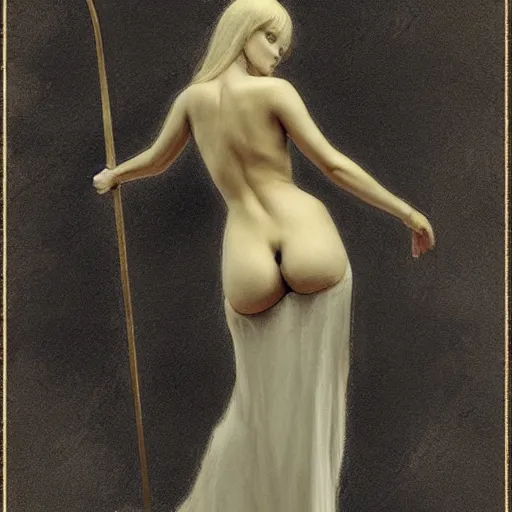 Prompt: Back view of the grim reaper as a beautiful woman, thin black lingerie, classy, long detailed ornate scythe, elegant, vintage shading, award winning, by Ilya Repin, deviant art