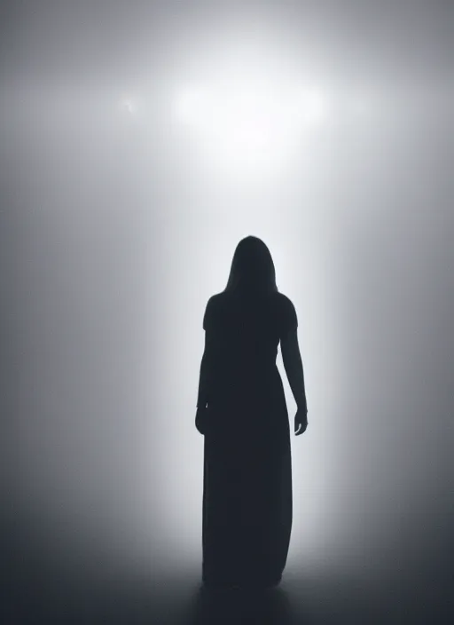 Prompt: a female silhouette, white glowing aura, faint orbs, fog, film grain, cinematic lighting