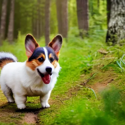 Prompt: 8k highly detailed photograph of a happy gnome riding the most adorable Corgi Puppy, on a forest hiking trail golden hour,