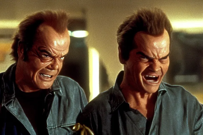 Prompt: Jack Nicholson plays Terminator Pikachu scene where his endoskeleton gets exposed still from the film