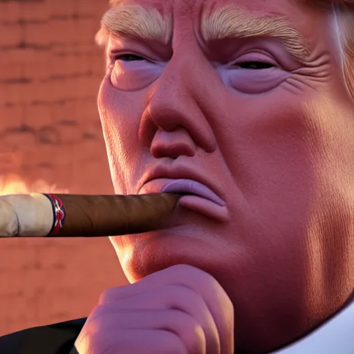 Image similar to a high quality photo of donald trump smoking a cigar, 3d scene, render, ultra realistic, artstation, cgsociety