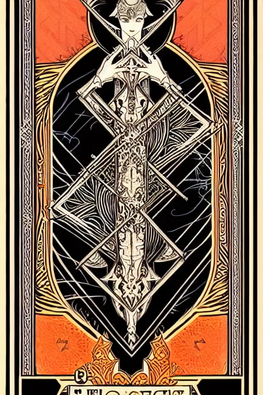 Image similar to concept art design illustration, vertical symmetric tarot card intricate filigree borders!!, 1 6 colors, logo, ink drawing, art by jc leyendecker and sachin teng