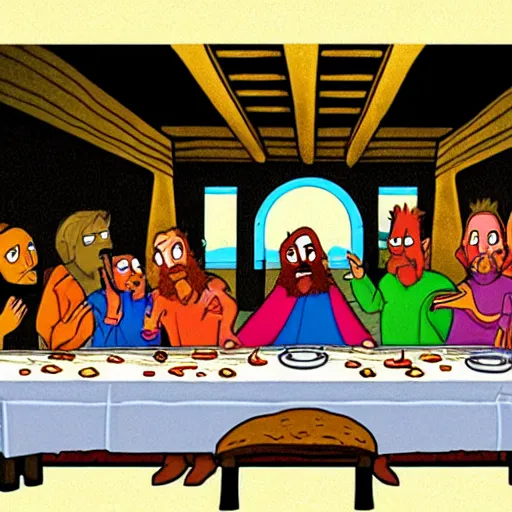 Image similar to the last supper in the style of courage the cowardly dog, detailed, hd, cartoon art,