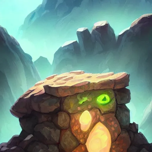 Image similar to ((((rock elemental golem character)))), dust and rock background, hearthstone art style, epic fantasy card game art