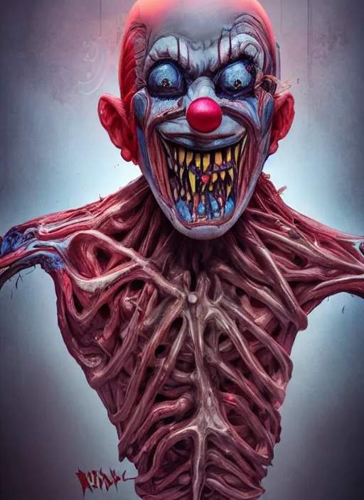 Image similar to evil horror clown, monster anatomy, ross tran, vivid colors, anatomical, highly detailed sculpture, intricate detailed, ommatidia, 8 k, cinematic atmosphere, post - processing