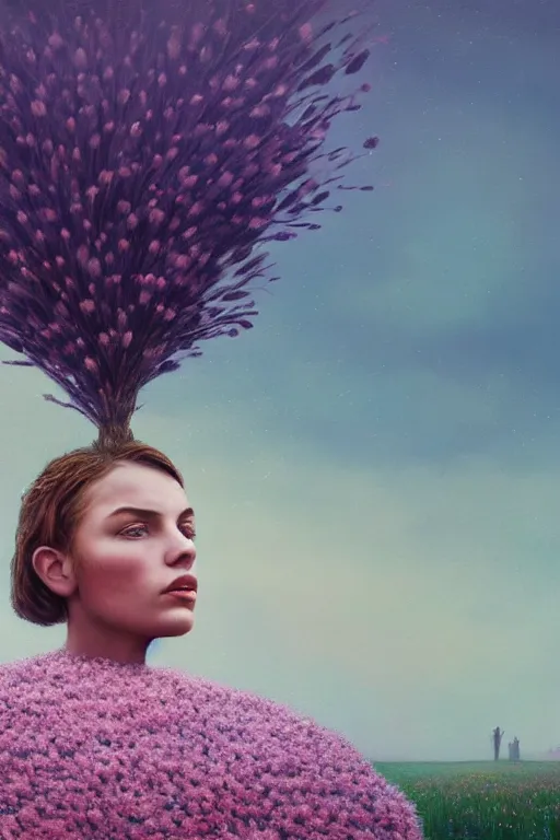 Prompt: portrait, gigantic daisy flower the head, a girl wearing coat in heather field, surreal photography, wind and cold, dramatic sky, impressionist painting, digital painting, artstation, simon stalenhag