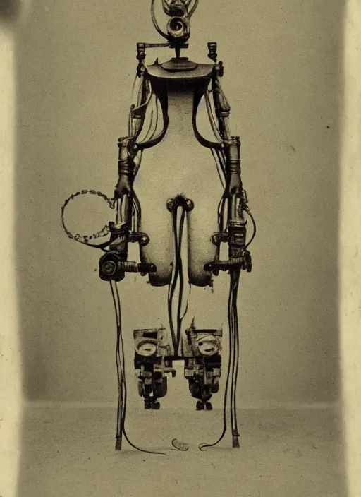 Image similar to 1 8 8 5 frontal photo of a steampowered riveted glados from portal 2, daguerrotype, high quality