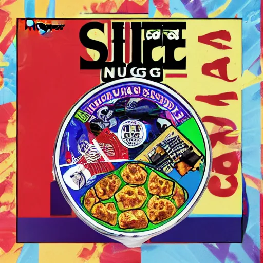 Image similar to bodega weed nuggs with supreme logo superimposed on top album art