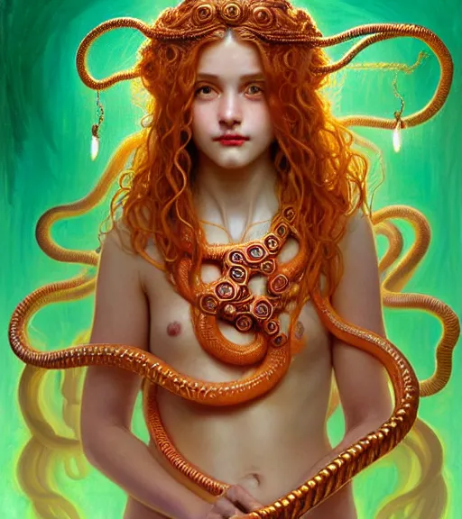 Image similar to portrait of teenage medusa, snake hair, naughty smile, wearing an embroidered orange tunic, intricate, sensual, sultry, elegant, copper and emerald jewelry, glowing lights, seductive, highly detailed, digital painting, artstation, concept art, smooth, sharp focus, illustration, art by wlop, mucha, artgerm, and greg rutkowski