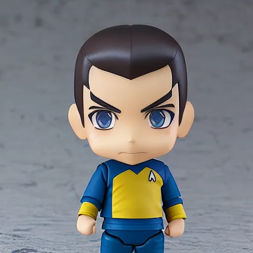 Image similar to spock from the tv series star trek, serious look, pointed ears, spock haircut, greeting, as an anime nendoroid, starfleet uniform, detailed product photo