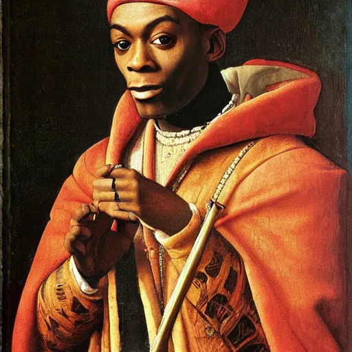 Image similar to a renaissance portrait painting of soulja boy by giovanni bellini