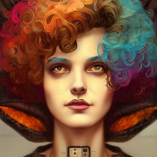 Image similar to Lofi cyberpunk portrait beautiful woman with short brown curly hair, roman face, rainbow, Pixar style, Tristan Eaton, Stanley Artgerm, Tom Bagshaw