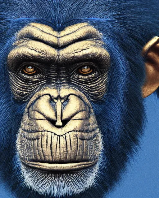 Image similar to gold, blue, illustration of a chimpanzee, 3 d, 8 k, extremely detailed, artstation