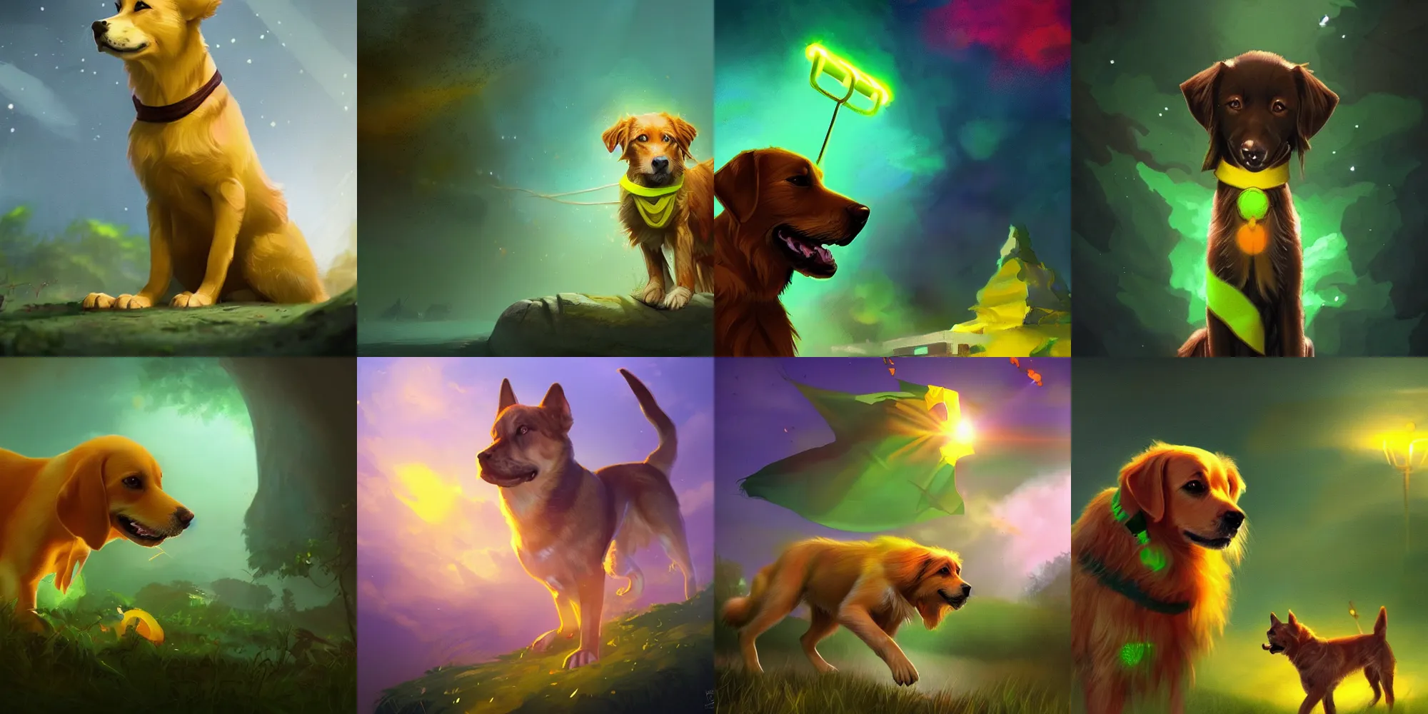 Prompt: beautiful picture of stray, Stray caramel dog and a green and yellow flag, glowing colors, fantasy art, trending on artstation, cgsociety, nice composition, great fantasy mood, classic Disney mood