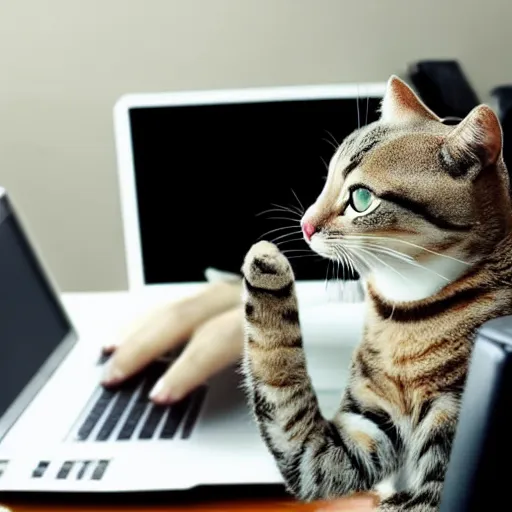 Image similar to photo of an anthropomorphic cat wearing a business suit using a computer in an office