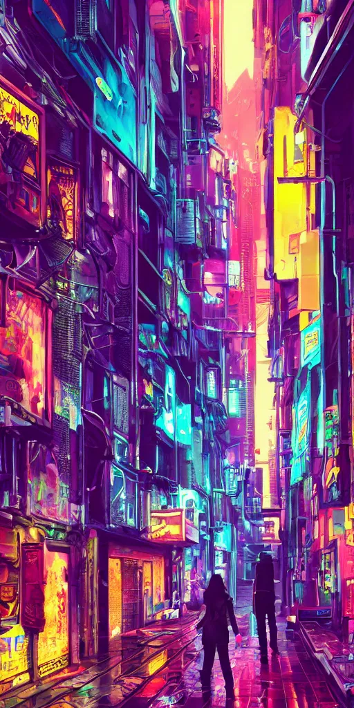 Prompt: cyberpunk alley with a person, pop art, rtx, 8 k, ray tracing, highly detailed, cold colors, rain,