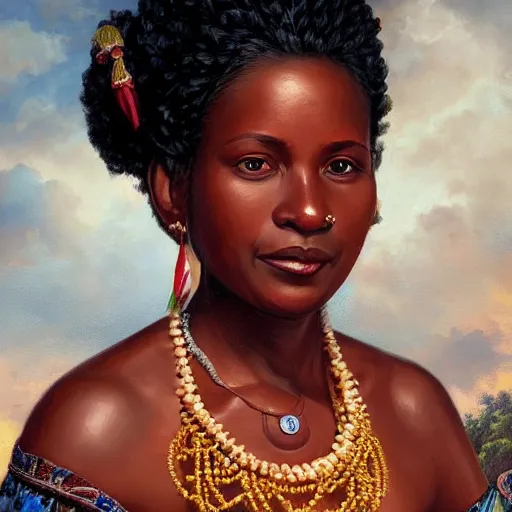 Image similar to portrait of a surinam woman ( 3 5 ) from suriname in 2 0 2 1, an oil painting by ross tran and thomas kincade