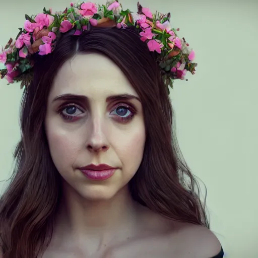 Image similar to intricate highly detailed face portrait of alison brie, flower crown on her head, intricate, cgsociety, unreal engine, octane render, sharp focus, smooth, volumetric lighting, cinematic composition, artstation