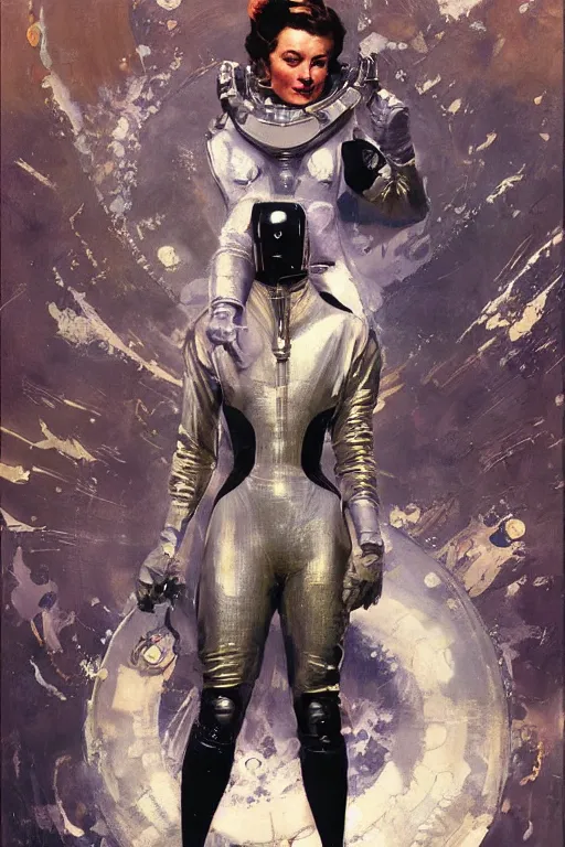 Image similar to pulp scifi fantasy illustration full body portrait of elegant woman wearing latex spacesuit, by norman rockwell, jack kirby, bergey, craig mullins, ruan jia, jeremy mann, tom lovell, 5 0 s, astounding stories, fantasy