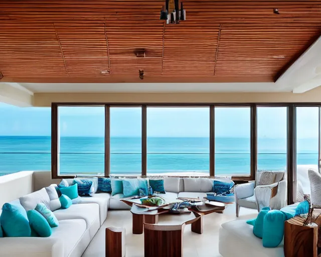 Prompt: A modern living room in a ocean hues style next to a big terrace overlooking the ocean, luxurious wooden coffee table in the center, inspired by the ocean, calm, relaxed style, harmony, wide angle shot, 8k resolution