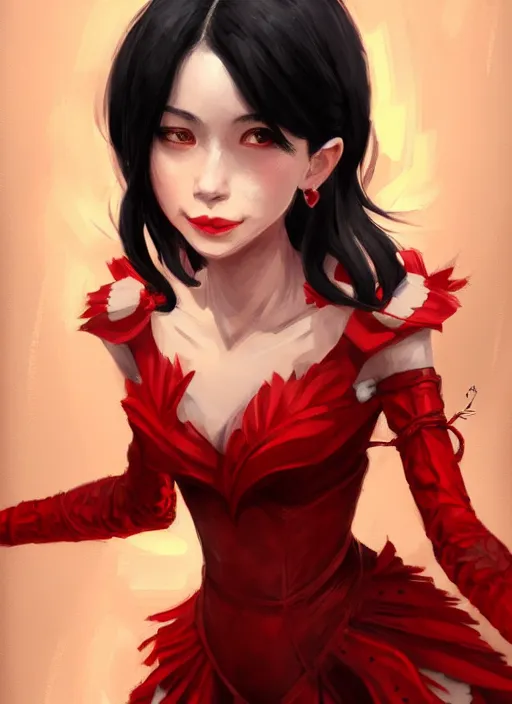 Image similar to a highly detailed illustration of hime cut black haired woman wearing red dress, dramatic smiling pose, perfect face, perfect body, intricate, elegant, highly detailed, centered, digital painting, artstation, concept art, smooth, sharp focus, league of legends concept art, wlop