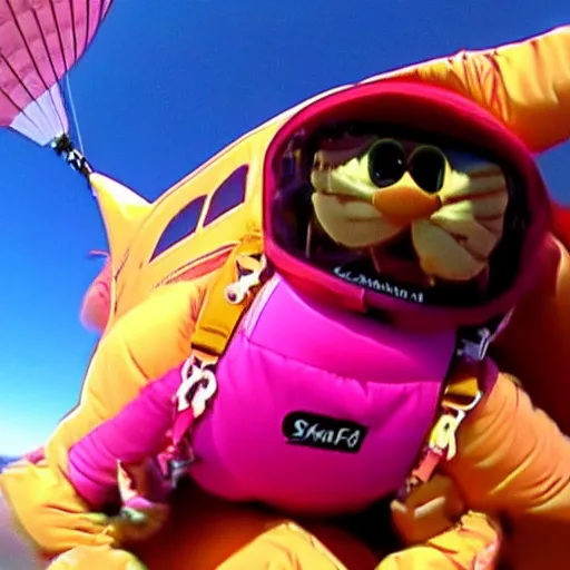 Image similar to real image of garfield skydiving with a pink parachute