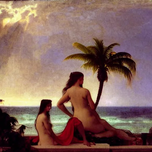 Image similar to Silhouette of two girl at the palace, thunderstorm, greek pool, beach and palm trees on the background major arcana sky, by paul delaroche, alphonse mucha and arnold böcklin arnold böcklin hyperrealistic 8k, very detailed