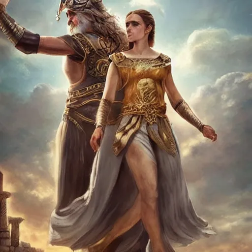 Image similar to Emma Watson as ancient greek woman in golden helmet, giant grey-haired bearded male face in the sky, epic fantasy style art, fantasy epic digital art