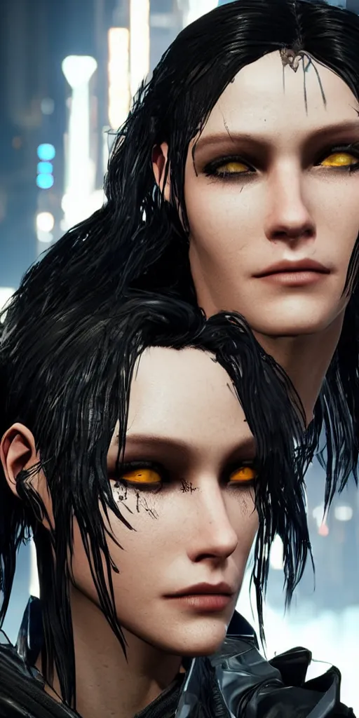 Image similar to black haired woman in a trench coat in a black cyberpunk 2 0 7 7, intricate, highly detailed, face enhance, realistic