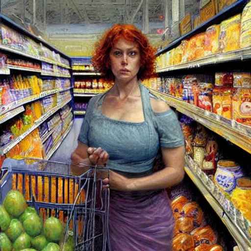 Image similar to portrait of a female survivor in the supermarket, by donato giancola.