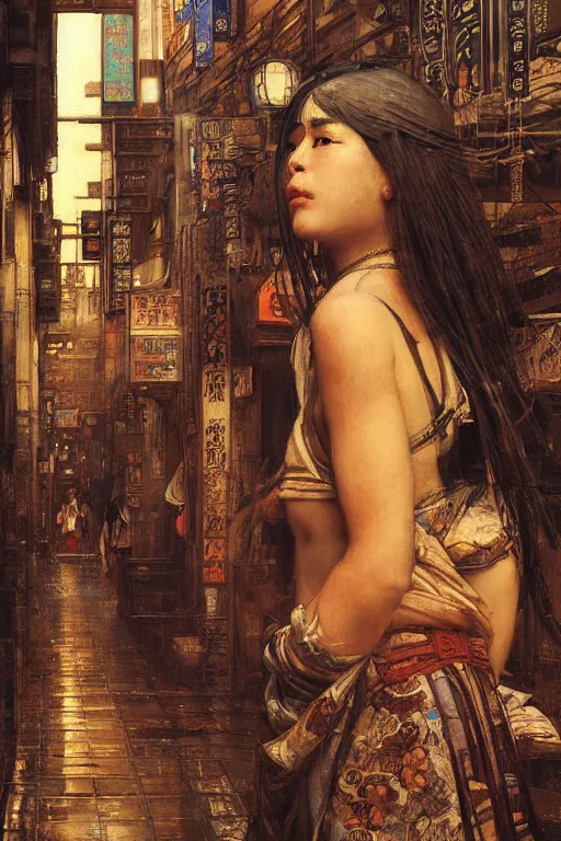 Prompt: cyberpunk ancient japanese city, orientalist intricate portrait by john william waterhouse and edwin longsden long and theodore ralli and nasreddine dinet, hyper realism, dramatic lighting