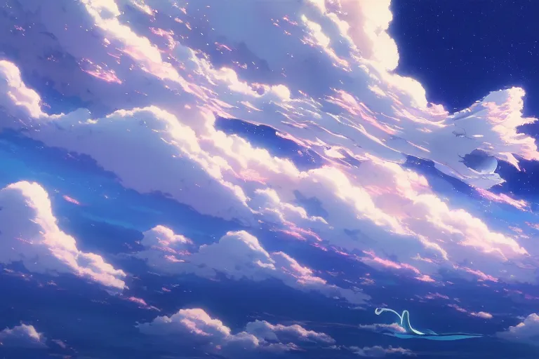 Image similar to painting of a dreamy cloudscape, a flying leviathan in the foreground, exterior wide shot, otherworldly and ethereal by kazuo oga in the anime film by studio ghibli, screenshot from the anime film by makoto shinkai