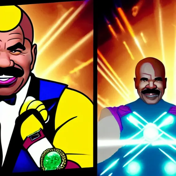 Prompt: Dynamic detailed artistic illustration of Steve Harvey doing a hero pose while Wearing the infinity gauntlet with all six stones glowing menacingly while Steve Harvey looks towards the viewer