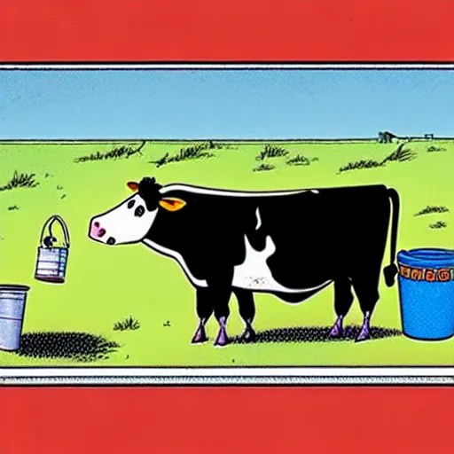 Prompt: a cow points at a bucket, far side, illustrated by gary larson