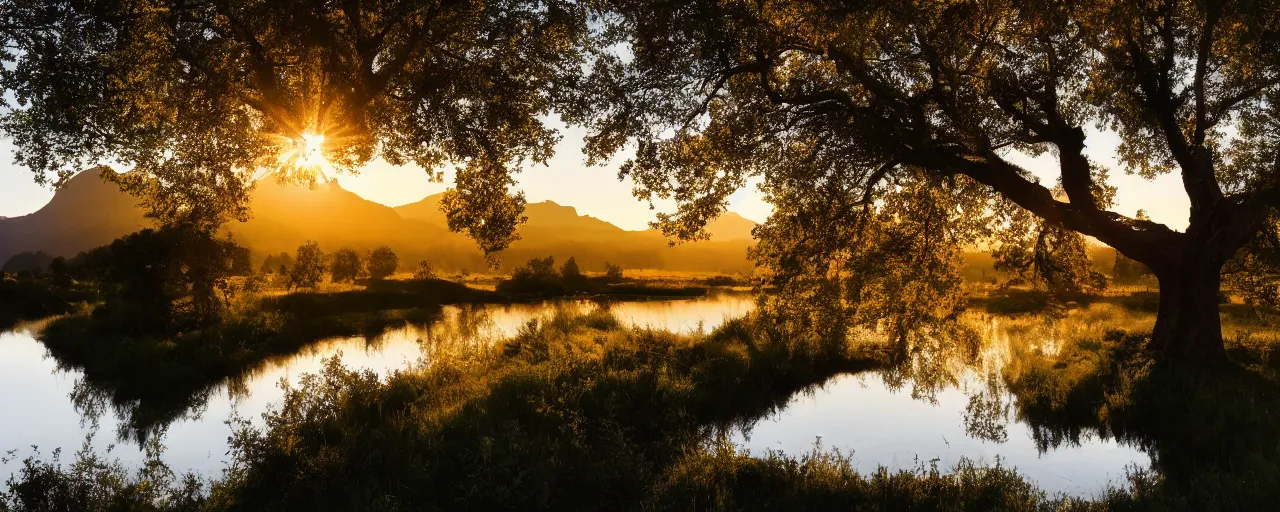 Prompt: big realistic tree near to a river on sunset with reflection on the leaves and mountains in the background, landscape, extremely high fidelity, 8 k, super resolution, cinematic view, super resolution, light rays, lens flare, epic, hyperdetailed