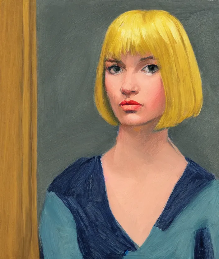 Image similar to a closeup portrait of woman with a blonde bob with bangs, frontal view, in the style of edward hopper, very fine brush strokes, 4 k,