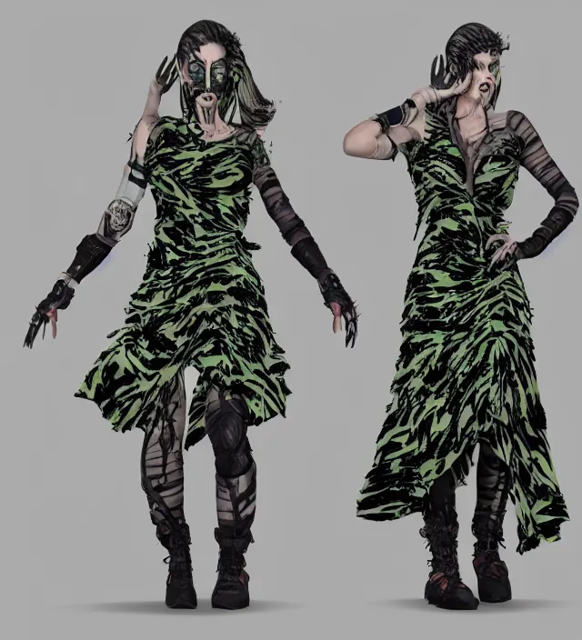 Prompt: a 3 / 4 view of a post - apocalyptic mutant sorcerer wearing a dress is made from made from dark green and black zebra - stripe print fabric. it has a short flared skirt with a loose waist and round sleeves. it is accented with a fabric rose. trending on artstation deviantart pinterest hyper detailed photorealistic hd 8 k post - processing high resolution