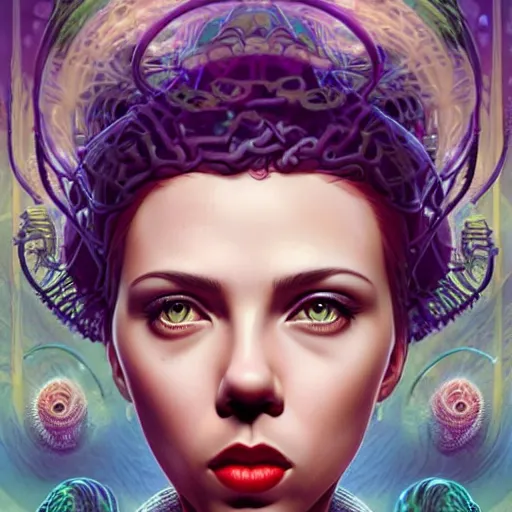 Prompt: Lofi Lovecraft Lovecraftian BioPunk scarlett johansson portrait Pixar style by Tristan Eaton Stanley Artgerm and Tom Bagshaw