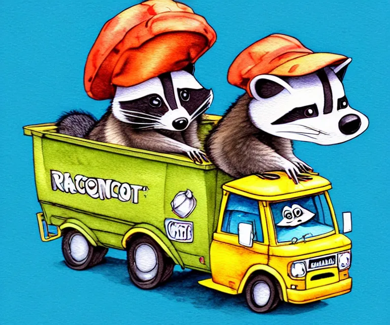 Prompt: cute and funny, racoon wearing a hat riding in a tiny garbage truck, ratfink style by ed roth, centered award winning watercolor pen illustration, isometric illustration by chihiro iwasaki, edited by range murata, tiny details by artgerm and watercolor girl, symmetrically isometrically centered, sharply focused