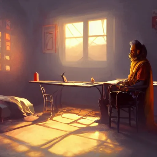 Image similar to a man and a room in a scorching hot room with two computers, inferno, d & d, fantasy digital painting, trending on artstation, concept art, sharp focus, illustration, global illumination, ray tracing, realistic shaded, art by artgerm and greg rutkowski and fuji choko and viktoria gavrilenko and hoang lap