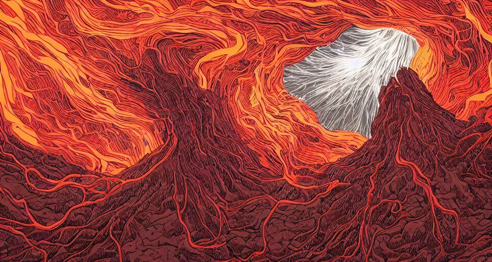 Prompt: a volcano made of ivory vines and crimson rocks enters in eruption, it spits a smoke in the shape of demonic eye, by dan Mumford