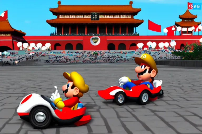 Image similar to mario kart in tiananmen square, ingame screenshot, highly detailed