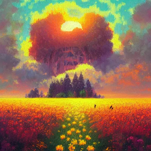 Image similar to face made of flowers, standing in a flower field, big trees, sunrise dramatic light, impressionist painting, colorful clouds, digital painting, pointillism, artstation, simon stalenhag