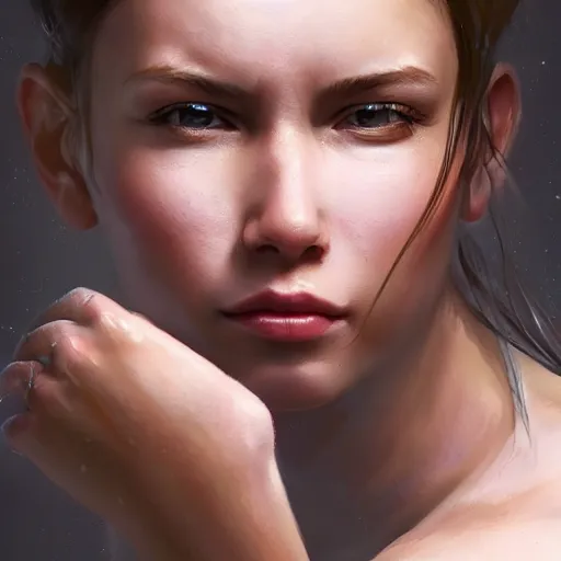 Prompt: a very cute woman with muscles, digital art, photorealistic, unreal engine, 8 k resolution, artstation, beautiful face, pretty face, very detailed eyes, by wlop, greg rutkowski, simon bosley