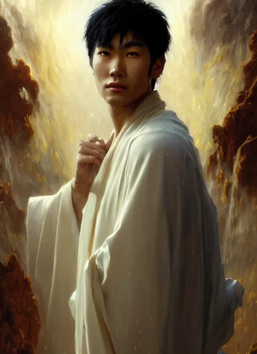 Prompt: young asian man, god of rain, flowing robes, powerful, smug expression, highly detailed painting by gaston bussiere, craig mullins, j. c. leyendecker 8 k, sparkling storm clouds