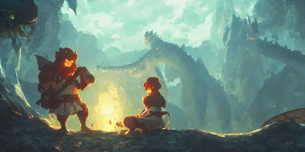 Prompt: a dwarf and a dragon drinking a beer together | gapmoe kuudere moody lighting stunning bokeh highlights sharp contrast | trending pixiv fanbox | by greg rutkowski makoto shinkai takashi takeuchi studio ghibli